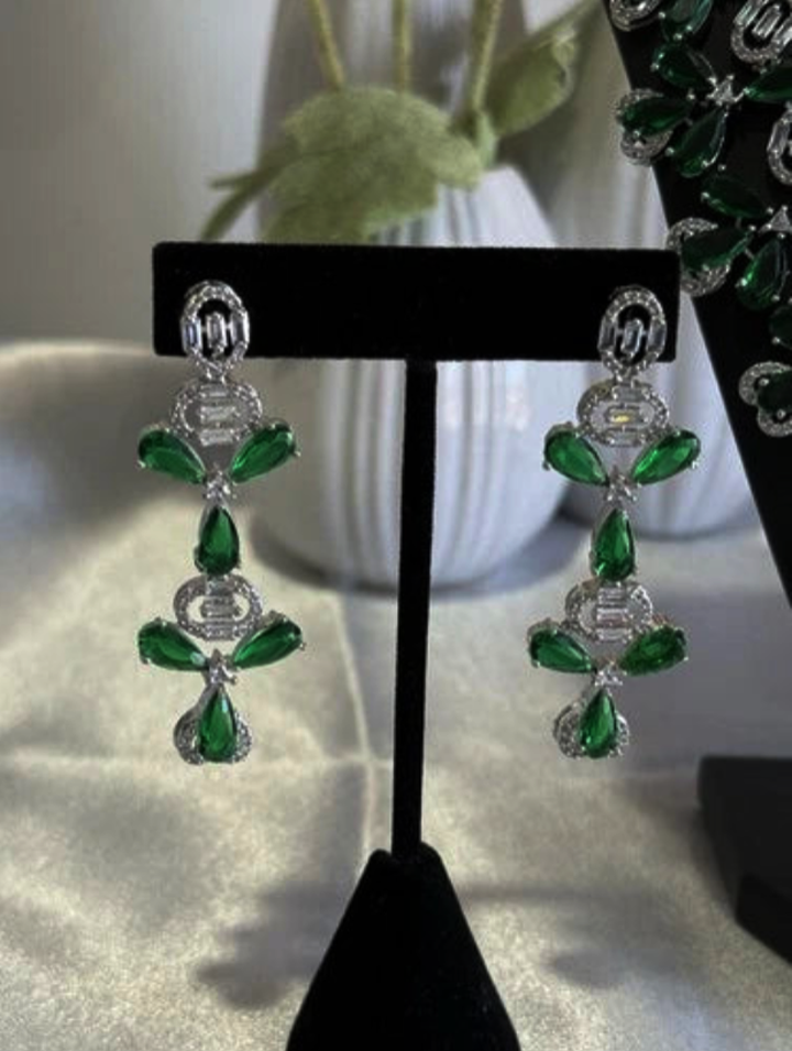 CZ Flower Necklace Earrings Set Silver Tone Pakistani Jewelry