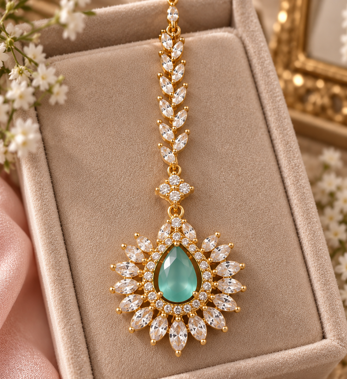 Gold Tone Mint Pink CZ Necklace Earrings Tikka Pakistani Jewelry Set