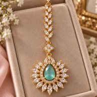 Gold Tone Mint Pink CZ Necklace Earrings Tikka Pakistani Jewelry Set