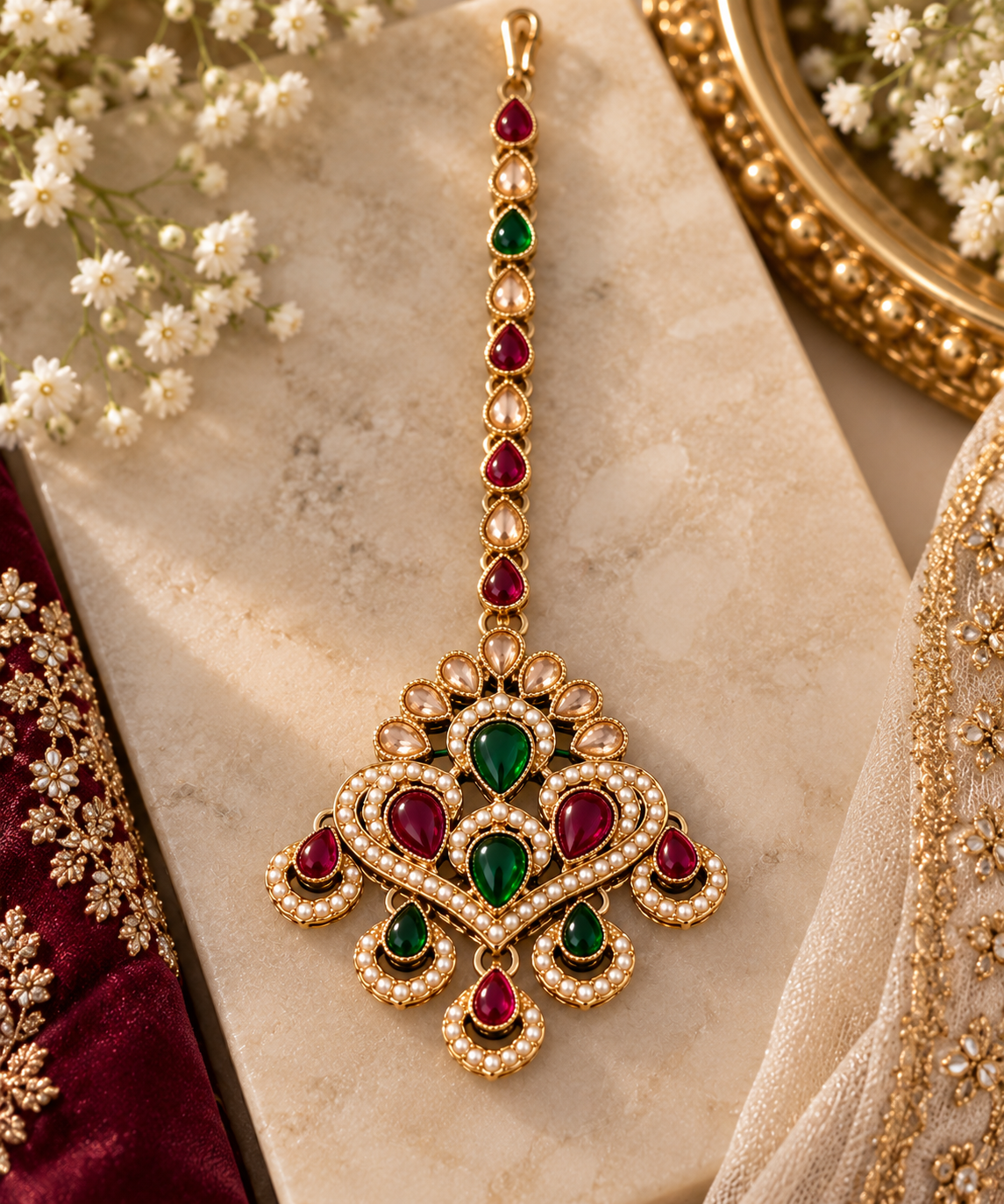 Multicolor Kundan Style Earring & Tikka Set – Ruby Green Pearl Statement Jewelry
