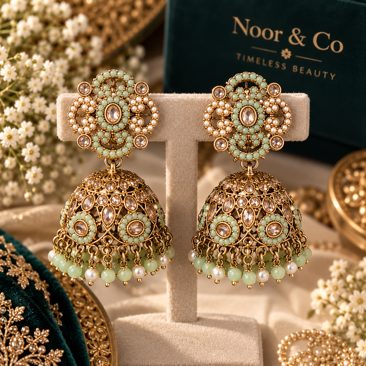 Mint Green Kundan Necklace Set with Jhumka Earrings & Tikka – Pearl Bridal Jewelry
