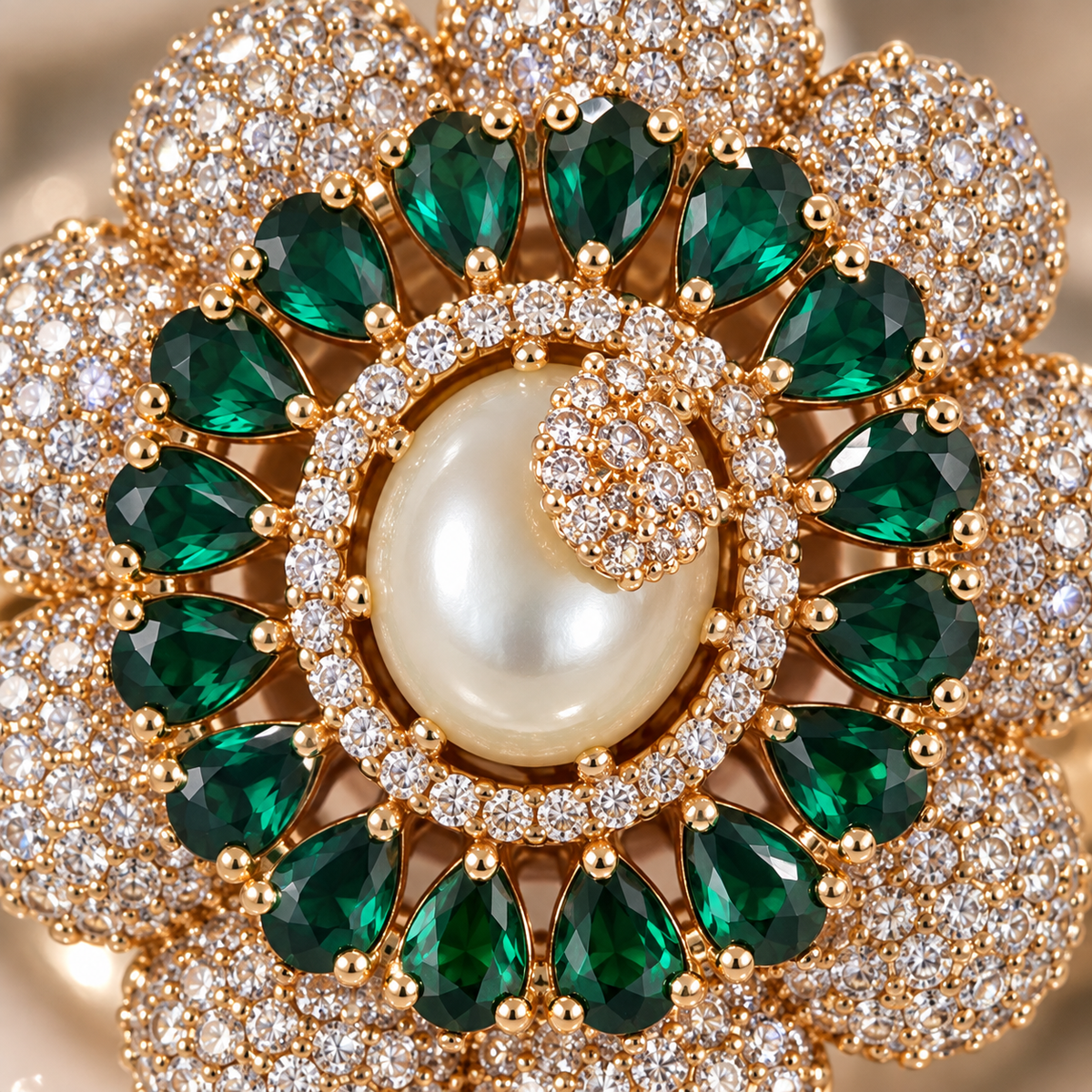 Emerald Green Floral Statement Ring with Pearl Center | Sparkling Gold-Tone Cocktail Ring