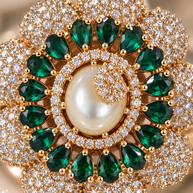 Emerald Green Floral Statement Ring with Pearl Center | Sparkling Gold-Tone Cocktail Ring