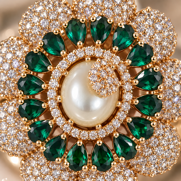 Emerald Green Floral Statement Ring with Pearl Center | Sparkling Gold-Tone Cocktail Ring