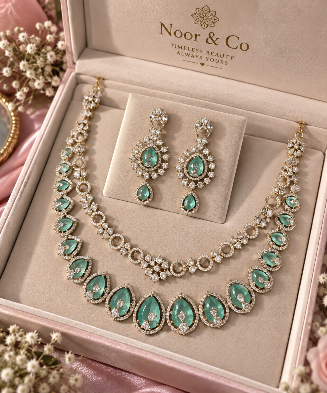 Mint Green Double Layer Statement Necklace Set with Matching Earrings | Elegant Wedding & Party Jewelry