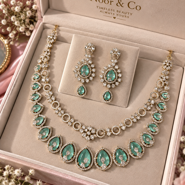 Mint Green Double Layer Statement Necklace Set with Matching Earrings | Elegant Wedding & Party Jewelry