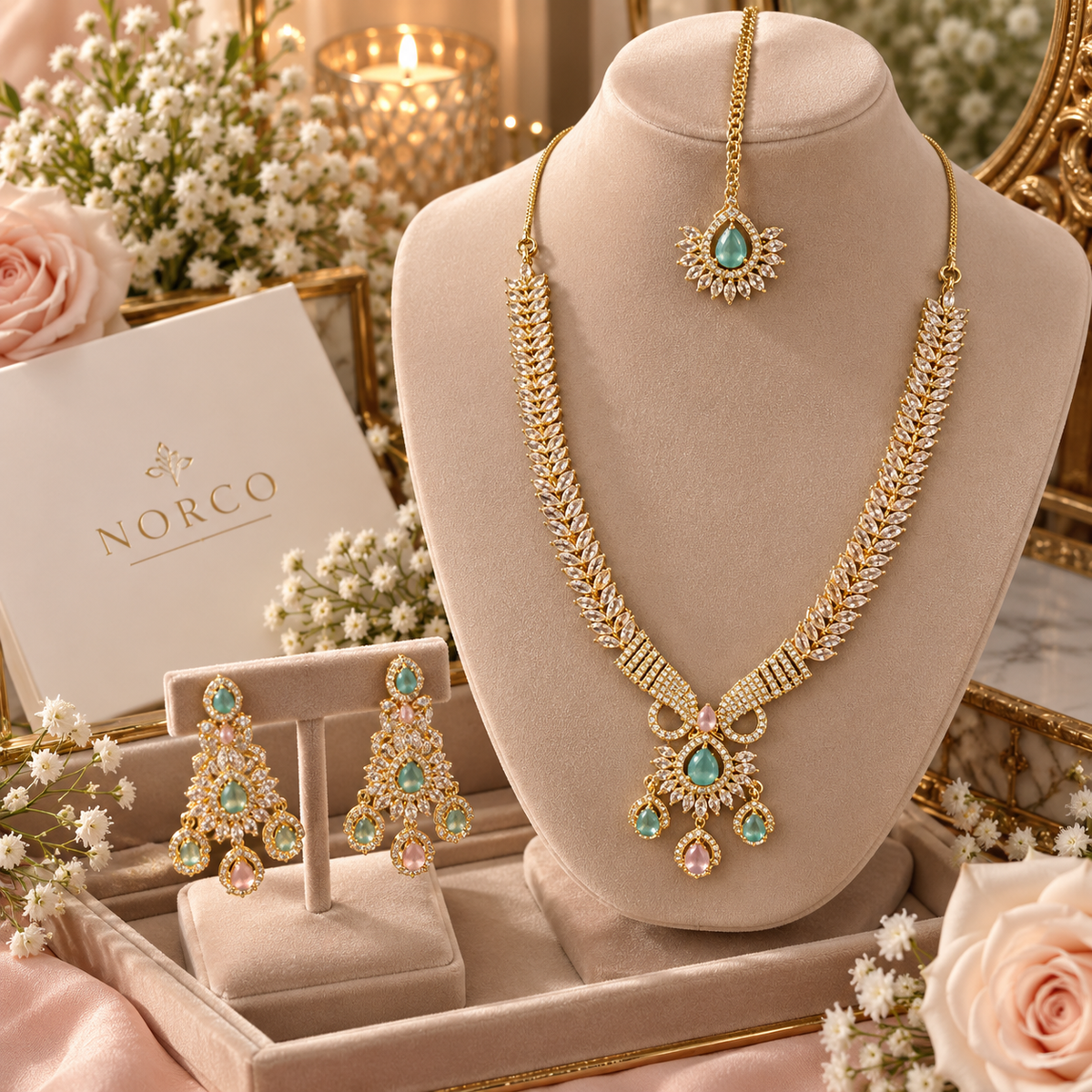 Gold Tone Mint Pink CZ Necklace Earrings Tikka Pakistani Jewelry Set