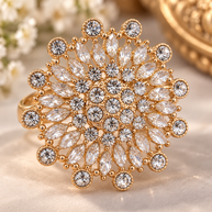 Elegant Crystal Floral Statement Ring – Gold Tone Sparkling Cocktail Ring