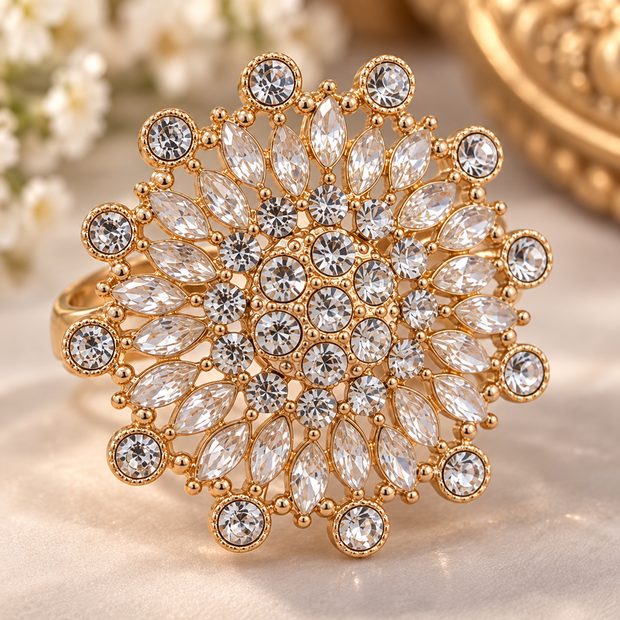 Elegant Crystal Floral Statement Ring – Gold Tone Sparkling Cocktail Ring