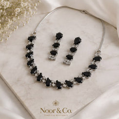 Black Teardrop CZ Jewelry Set | Elegant Necklace Earrings | Bridal Formal Evenin