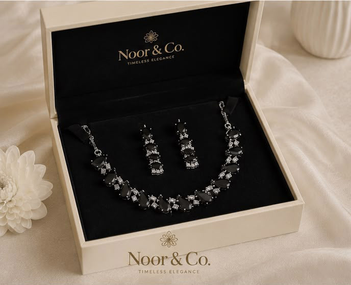 Black Teardrop CZ Jewelry Set | Elegant Necklace Earrings | Bridal Formal Evenin