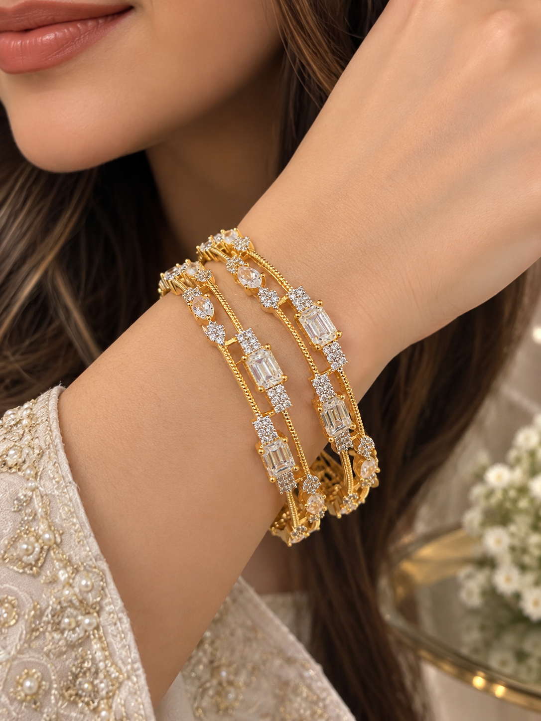 Luxury Gold-Tone CZ Bangle Set – Emerald Cut & Pear Stone Statement Bangles-size 2.10