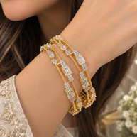 Luxury Gold-Tone CZ Bangle Set – Emerald Cut & Pear Stone Statement Bangles-size 2.10