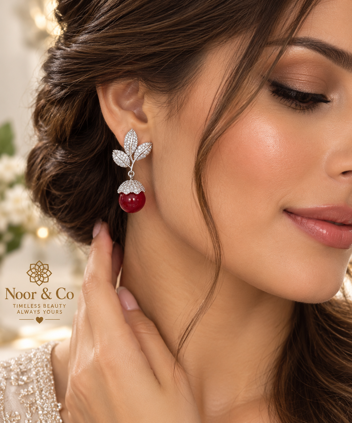 Ruby Red Drop Earrings with Sparkling Leaf Design | Elegant Statement Earrings