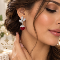 Ruby Red Drop Earrings with Sparkling Leaf Design | Elegant Statement Earrings