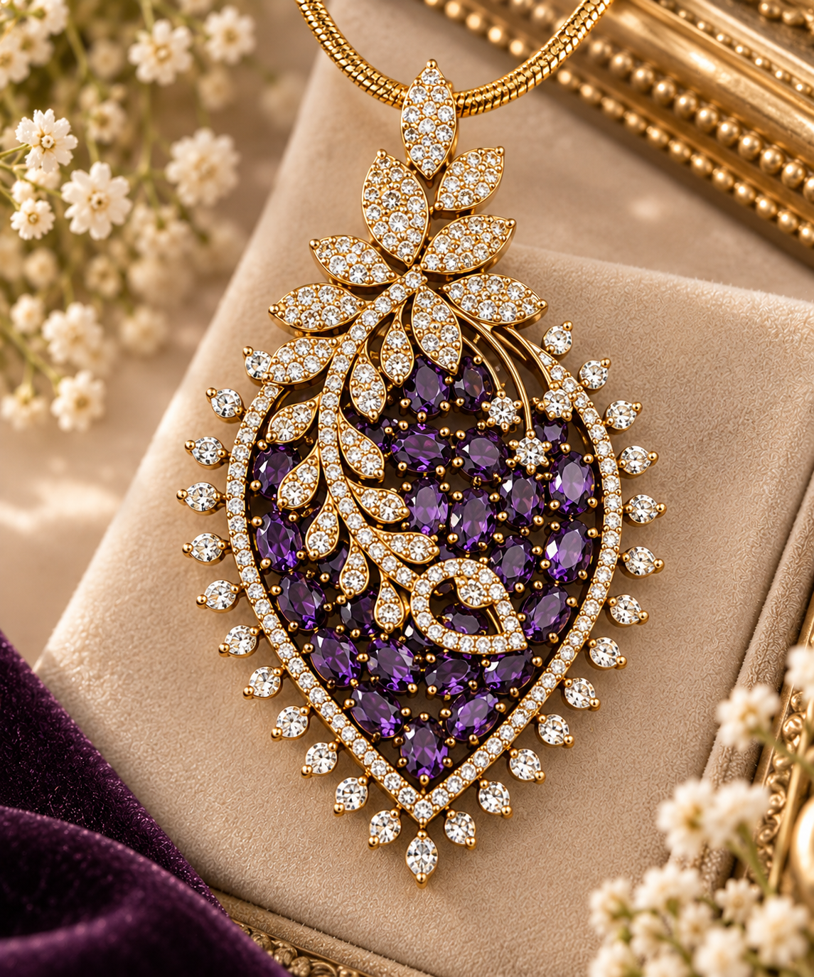 Purple/ Green Crystal Pendant & Earrings Set with Chain – Gold Tone Statement Jewelry