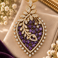 Purple/ Green Crystal Pendant & Earrings Set with Chain – Gold Tone Statement Jewelry