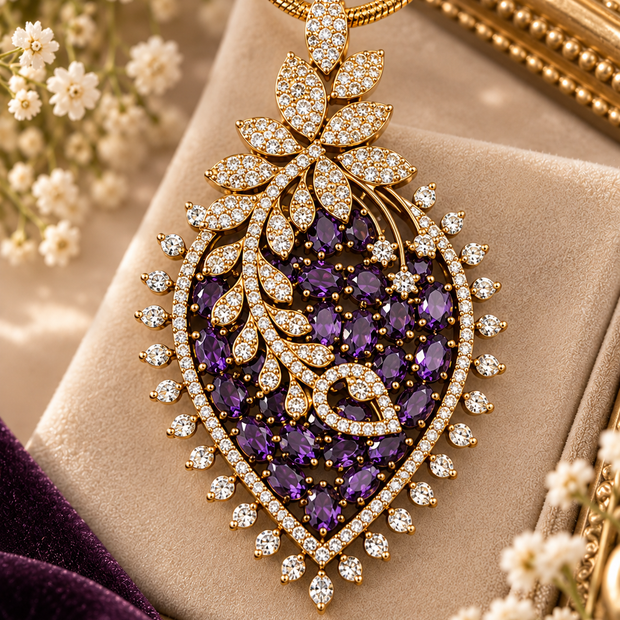Purple/ Green Crystal Pendant & Earrings Set with Chain – Gold Tone Statement Jewelry