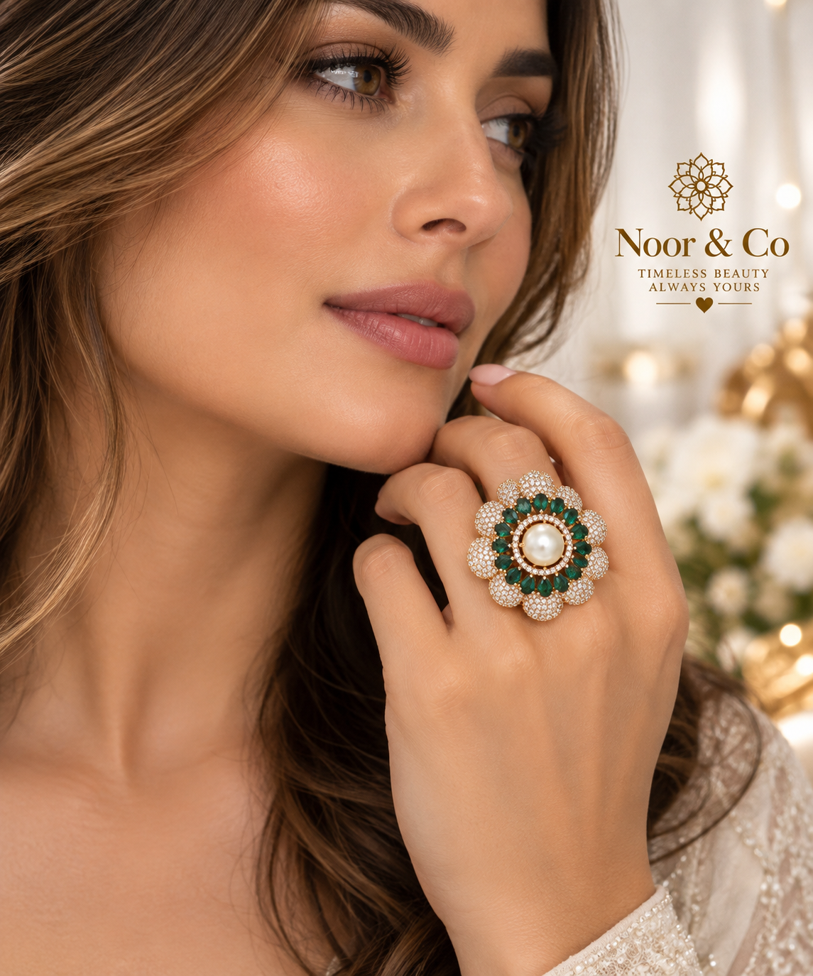 Emerald Green Floral Statement Ring with Pearl Center | Sparkling Gold-Tone Cocktail Ring