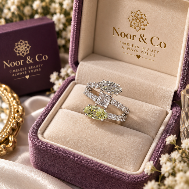 Adjustable Three Stone Statement Ring | Clear & Yellow CZ Silver-Tone Cocktail Ring