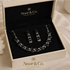 Black Teardrop CZ Jewelry Set | Elegant Necklace Earrings | Bridal Formal Evenin