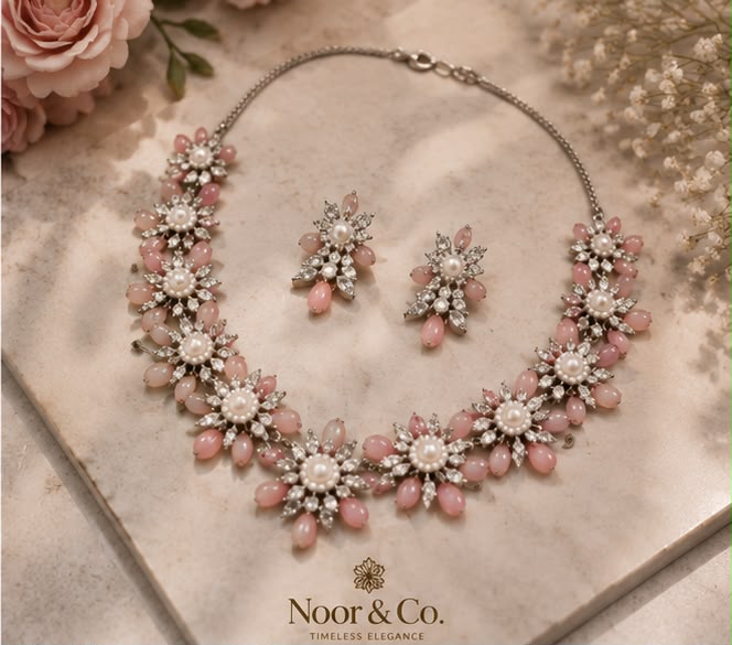 Blush Pink Floral Necklace Set with Matching Earrings