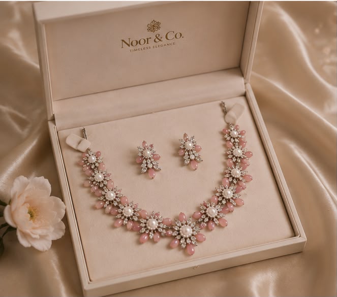 Blush Pink Floral Necklace Set with Matching Earrings