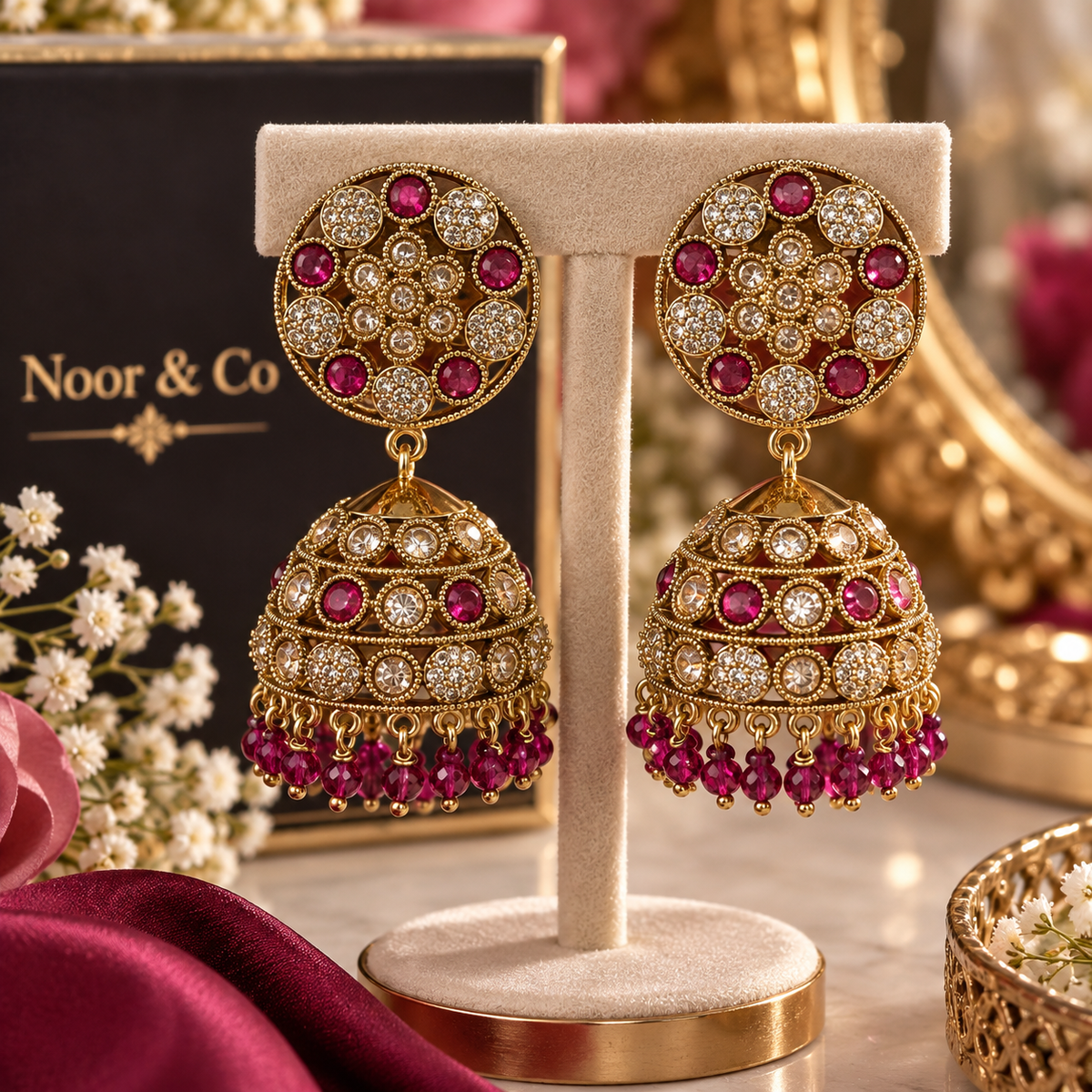 Antique Gold Ruby Pink Jhumka Earrings – Crystal Stone Statement Earrings