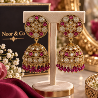 Antique Gold Ruby Pink Jhumka Earrings – Crystal Stone Statement Earrings