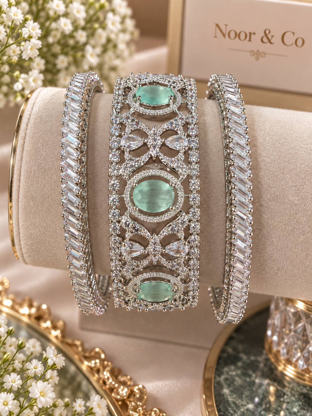 Mint Green CZ Statement Bangle Set – Silver Tone Bridal Bangles with Baguette Stones Size 2.10