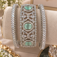 Mint Green CZ Statement Bangle Set – Silver Tone Bridal Bangles with Baguette Stones Size 2.10