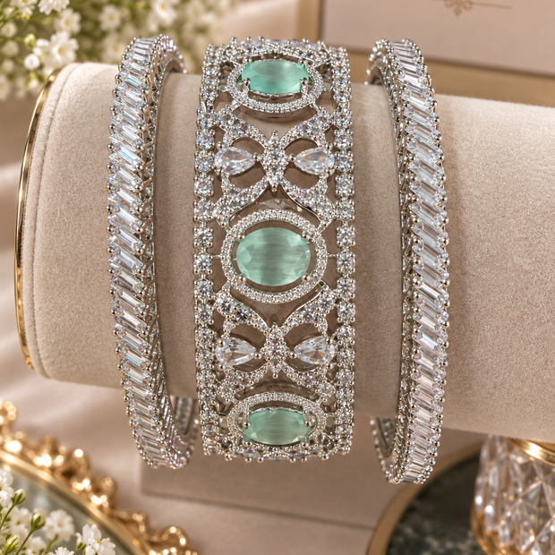 Mint Green CZ Statement Bangle Set – Silver Tone Bridal Bangles with Baguette Stones Size 2.10