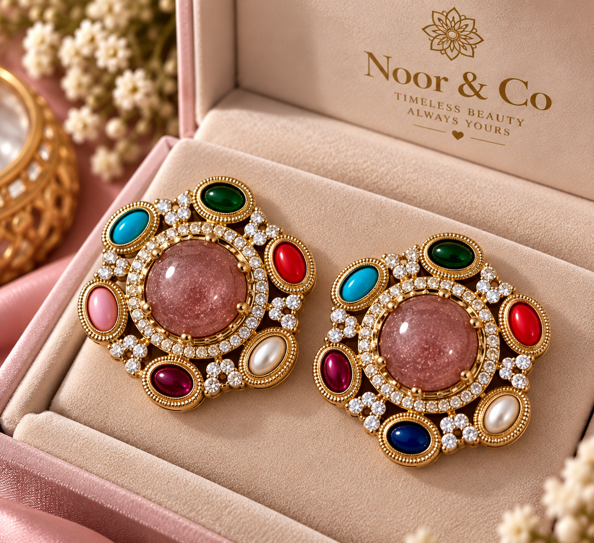 Multicolor Statement Pendant Necklace Set with Matching Earrings | Colorful Stone Jewelry