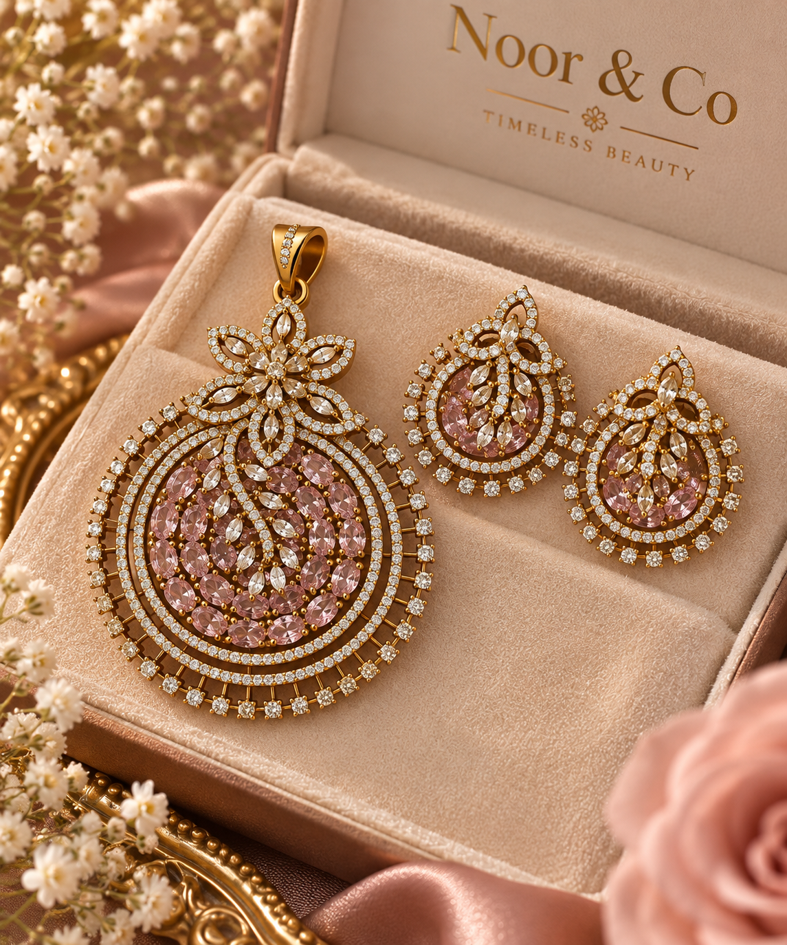Blush Pink Crystal Pendant & Earrings Set – Gold Tone Statement Jewelry