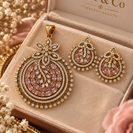 Blush Pink Crystal Pendant & Earrings Set – Gold Tone Statement Jewelry