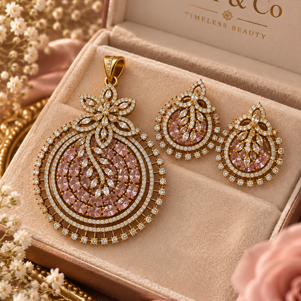 Blush Pink Crystal Pendant & Earrings Set – Gold Tone Statement Jewelry