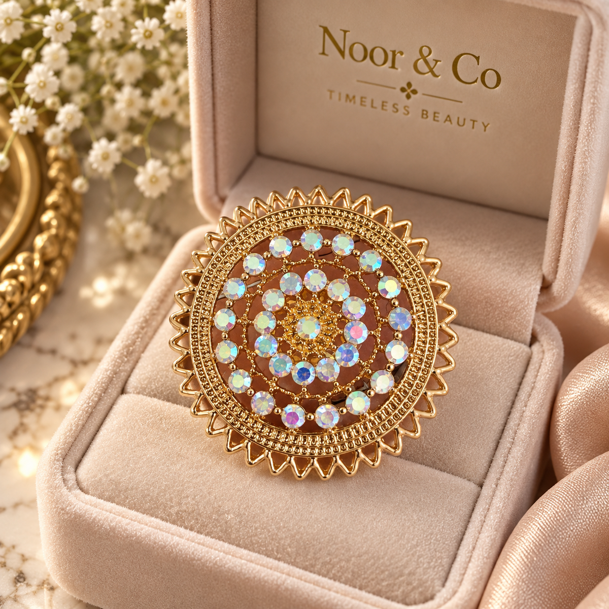 Iridescent Crystal Statement Ring – Gold Tone Round Cocktail Ring