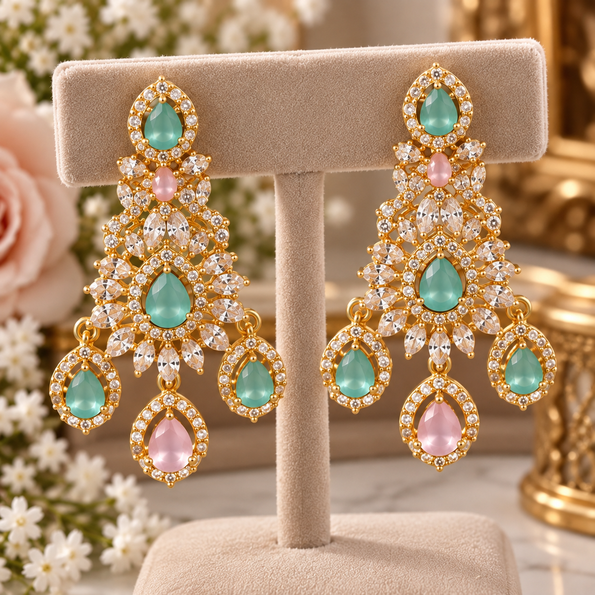 Gold Tone Mint Pink CZ Necklace Earrings Tikka Pakistani Jewelry Set