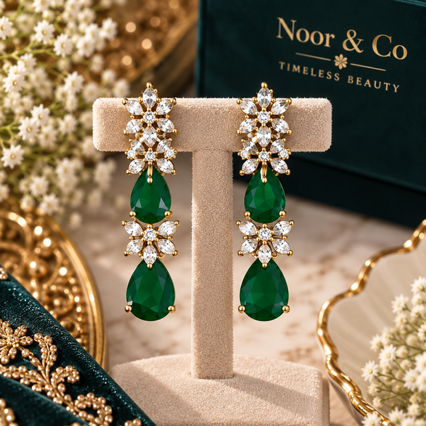 Emerald Green Crystal Necklace & Earrings Set – Elegant Floral Statement Jewelry