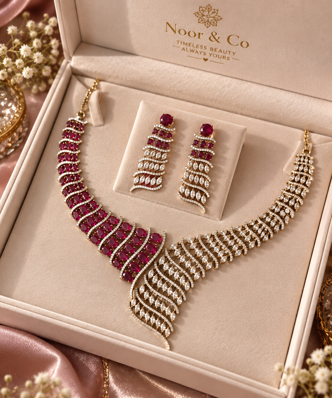 Ruby Red & Clear Stone Statement Necklace Set with Matching Drop Earrings | Elegant Wedding & Party Jewelry