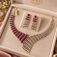 Ruby Red & Clear Stone Statement Necklace Set with Matching Drop Earrings | Elegant Wedding & Party Jewelry