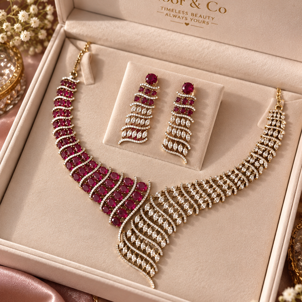 Ruby Red & Clear Stone Statement Necklace Set with Matching Drop Earrings | Elegant Wedding & Party Jewelry