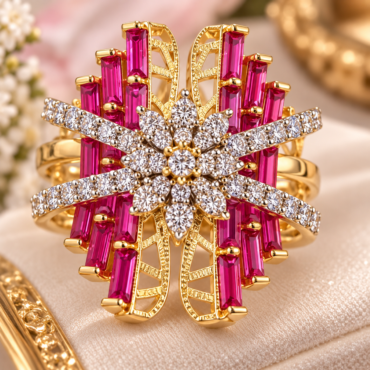 Fuchsia Pink Baguette CZ Statement Ring – Gold Tone Floral Cocktail Ring Adjustable