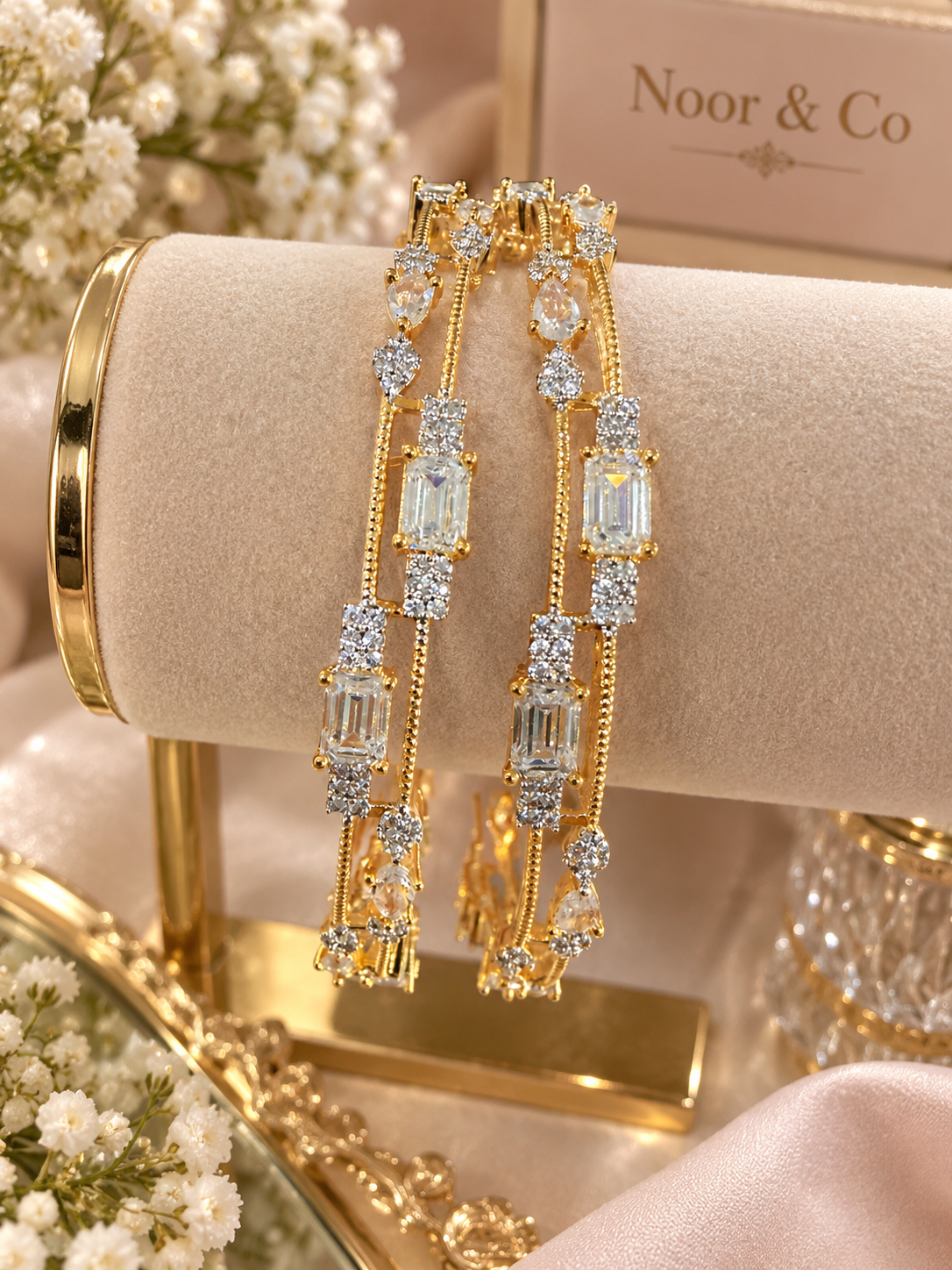 Luxury Gold-Tone CZ Bangle Set – Emerald Cut & Pear Stone Statement Bangles-size 2.10