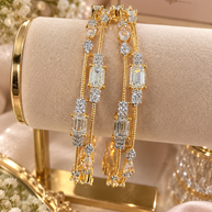 Luxury Gold-Tone CZ Bangle Set – Emerald Cut & Pear Stone Statement Bangles-size 2.10