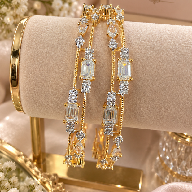 Luxury Gold-Tone CZ Bangle Set – Emerald Cut & Pear Stone Statement Bangles-size 2.10