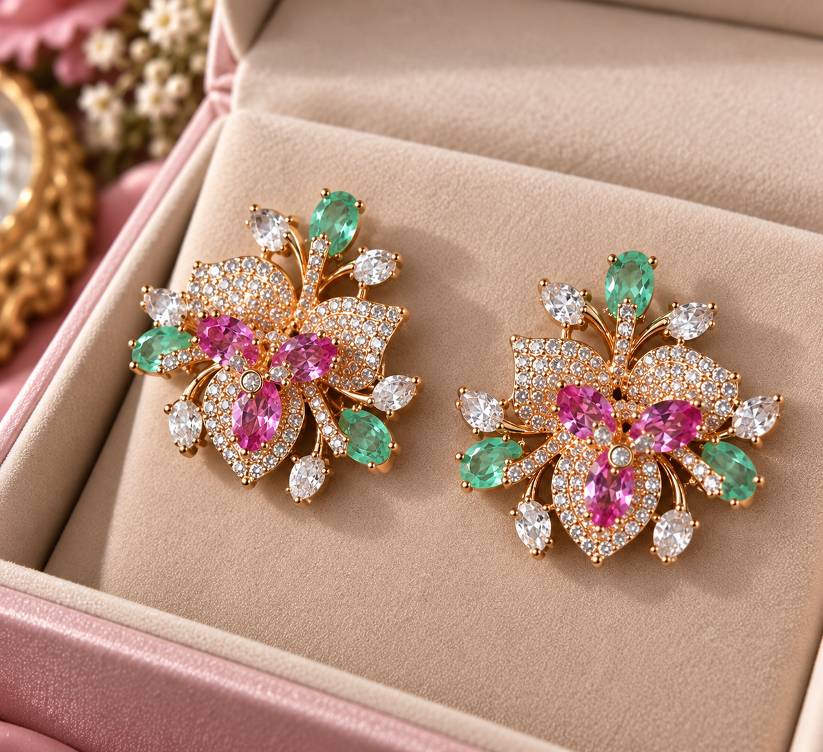 Pink & Mint Green Floral Pendant Necklace Set with Matching Earrings | Statement Jewelry