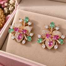 Pink & Mint Green Floral Pendant Necklace Set with Matching Earrings | Statement Jewelry