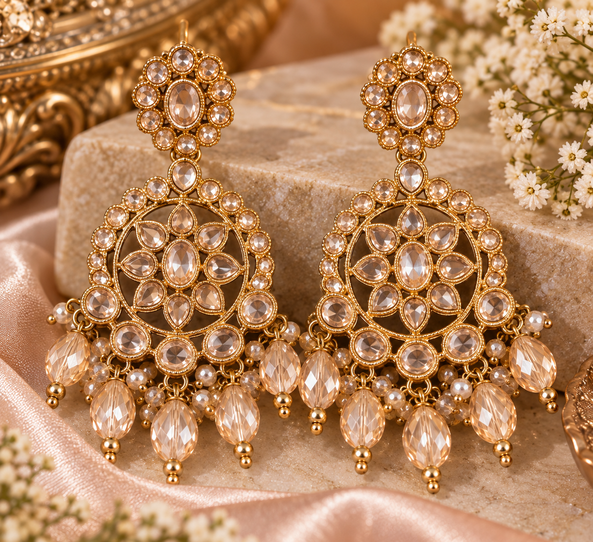 Champagne Kundan Earrings & Tikka Set – Gold Tone Bridal Statement Jewelry