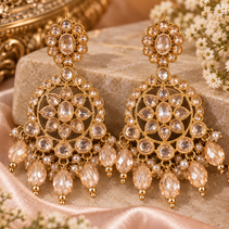Champagne Kundan Earrings & Tikka Set – Gold Tone Bridal Statement Jewelry